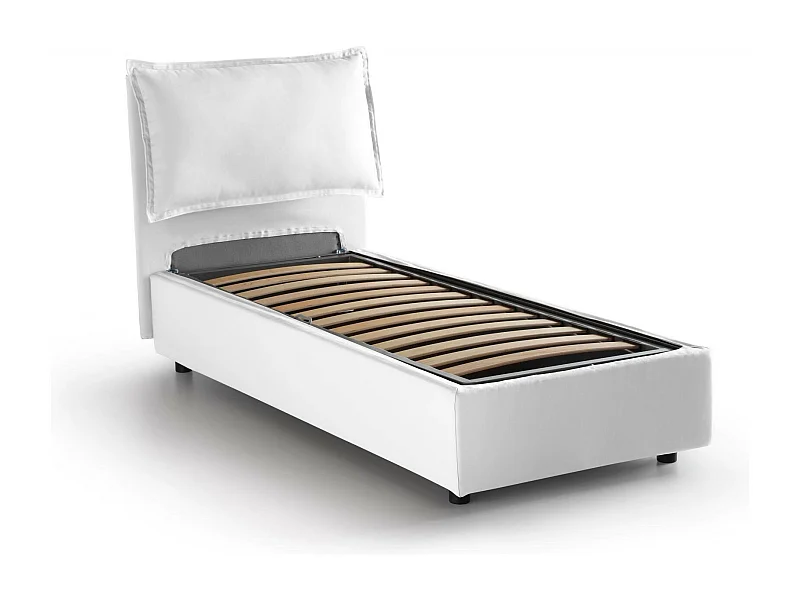 Cama de solteiro Dgjyl, Cama de armazenamento com forro de tecido, 100% Fabricado na Itália, Abertura lateral, adequada para colchão 80x190 cm, Branco