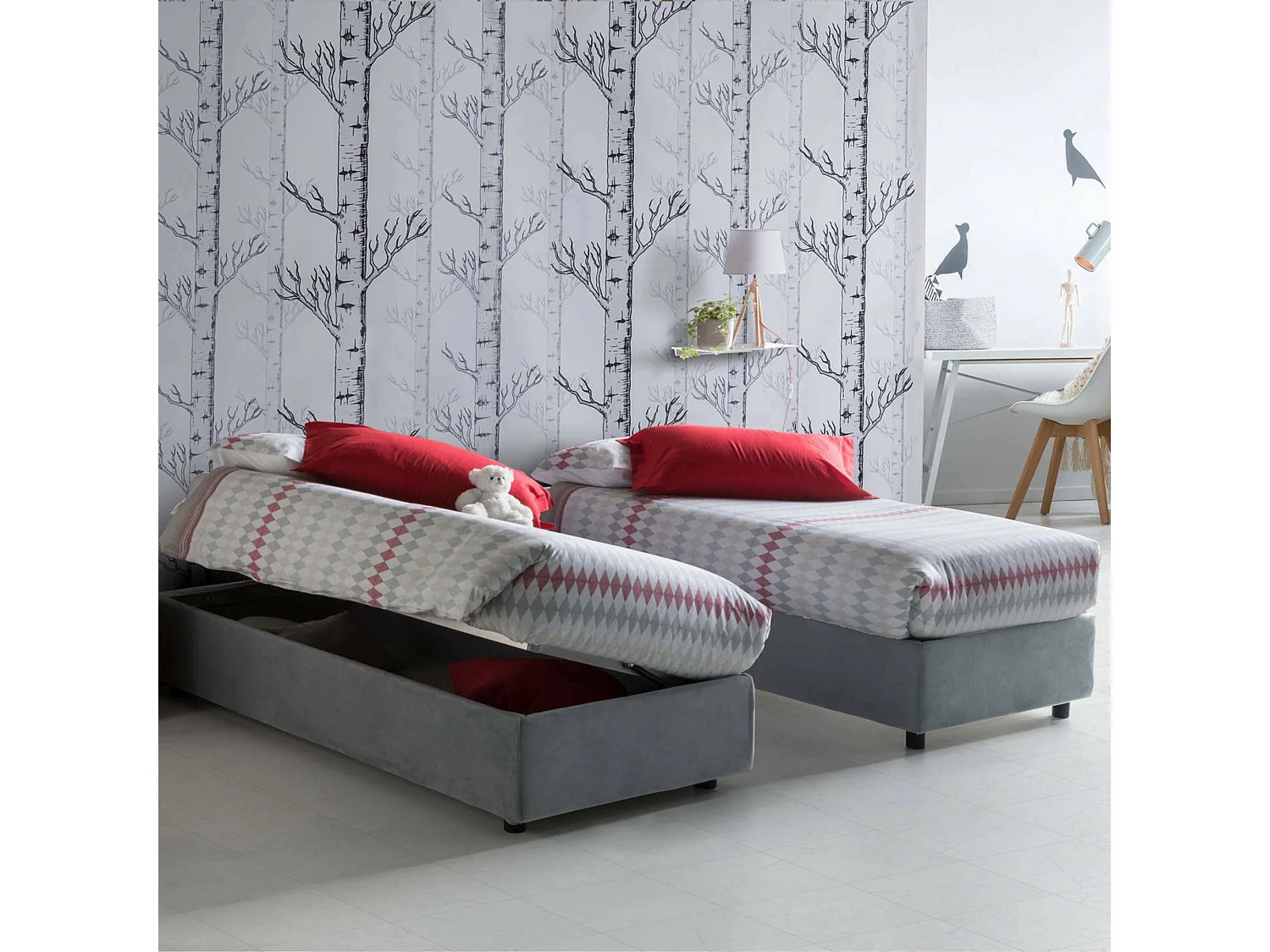 Lit simple Dcassan, Lit coffre avec revêtement en tissu, 100% Made in Italy, Ouverture latérale, avec matelas 80x190 cm inclus, Gris