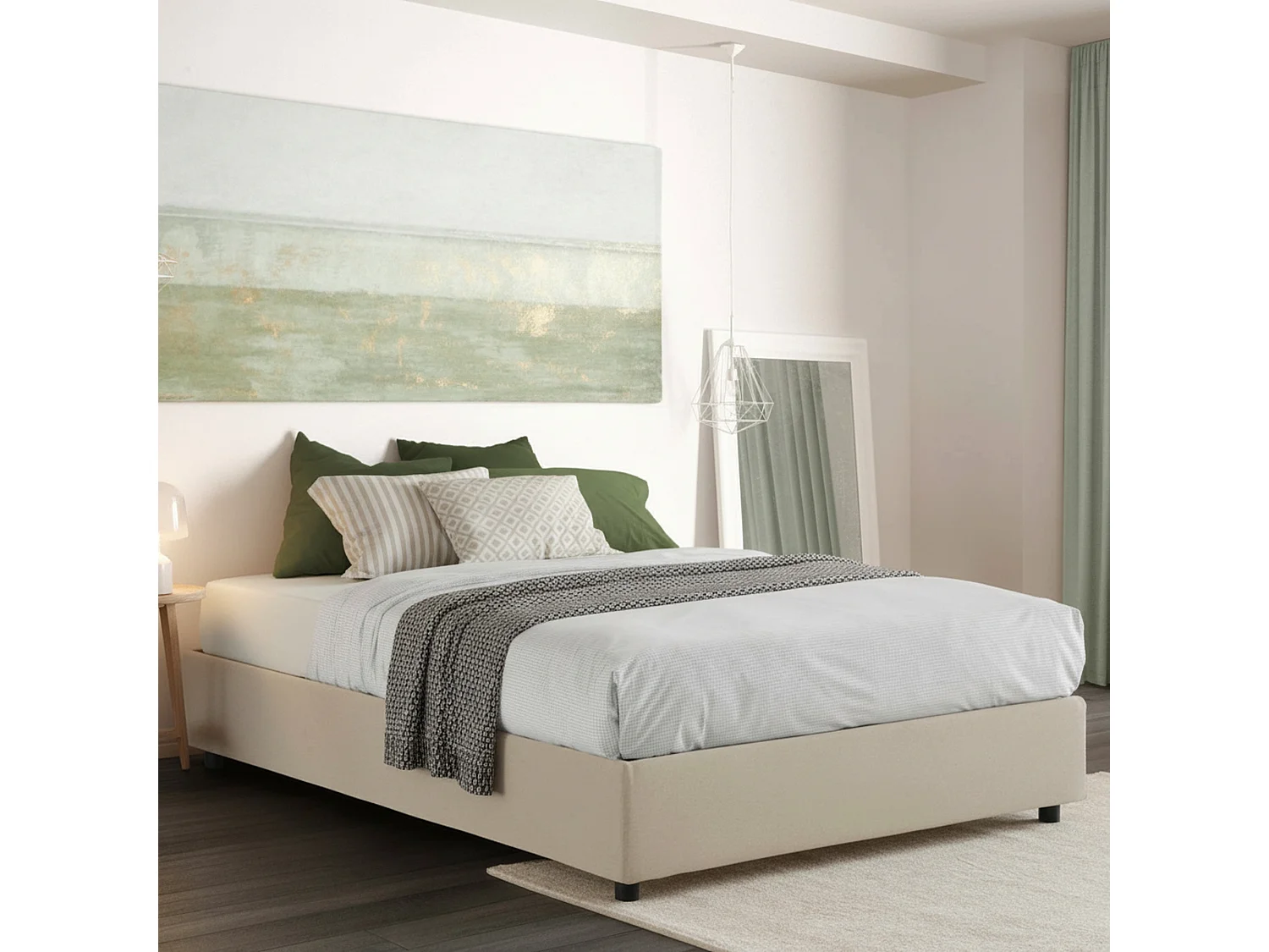 Lit double Dcacac, Lit coffre avec revêtement en tissu, 100% Made in Italy, Ouverture frontale, avec matelas 160x190 cm inclus, Beige