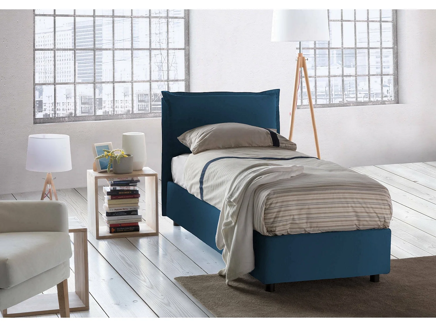 Lit simple Dgjyl, Lit coffre avec revêtement en tissu, 100% Made in Italy, Ouverture latérale, adapté pour matelas 80x190 cm, Bleu