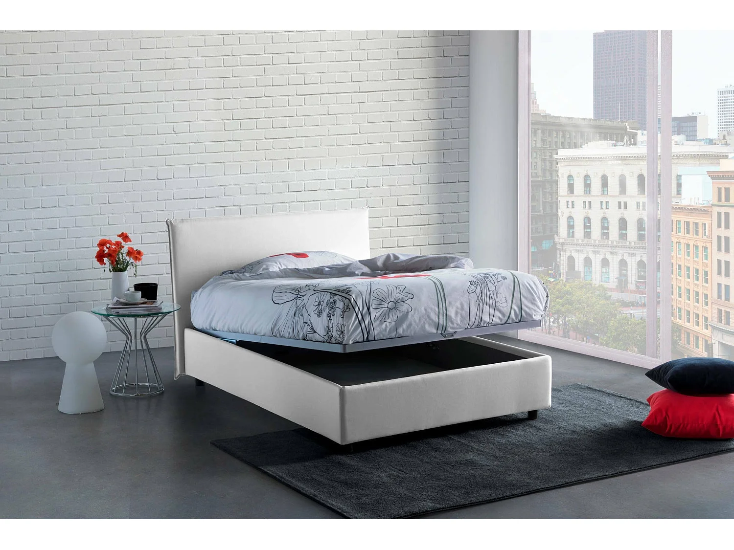 Cama de plaza y media Daceret, Cama contenedor con revestimiento de tela, 100% Made in Italy, Apertura frontal, con colchón Cm 120x190 incluido, Blanco