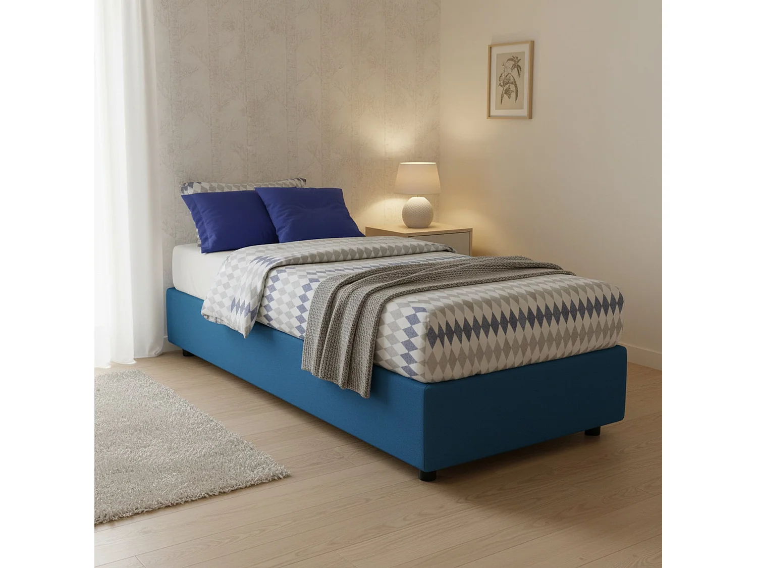 Lit simple Dacerb, Lit coffre avec revêtement en tissu, 100% Made in Italy, Ouverture frontale, adapté pour matelas 80x190 cm, Bleu