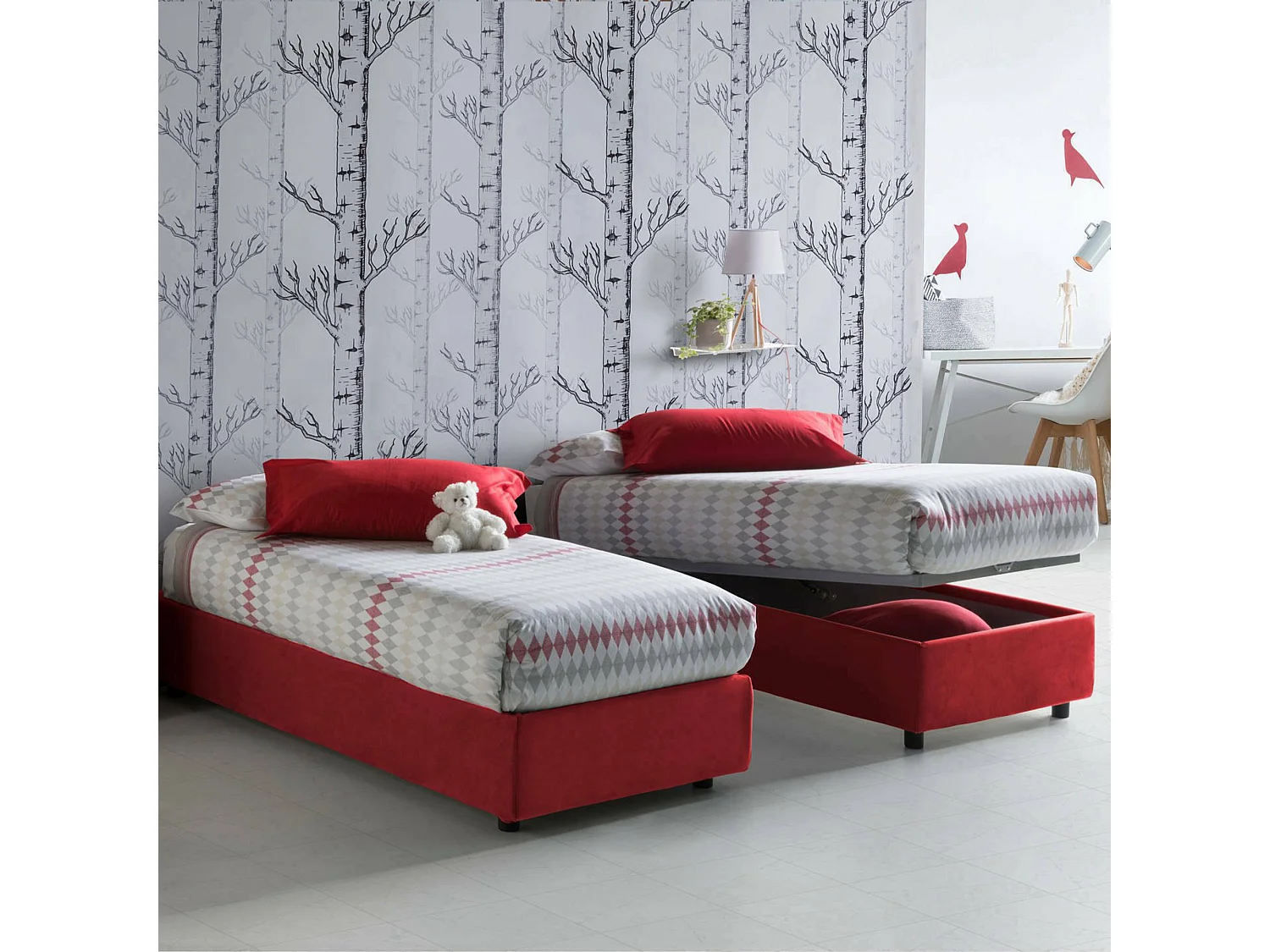 Cama individual Dacerb, Cama contenedor con revestimiento de tela, 100% Made in Italy, Apertura frontal, adecuado para colchón Cm 80x190, Rojo