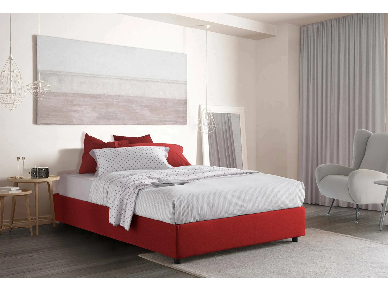 Dcacac tweepersoonsbed, Opbergbed met stoffen bekleding, 100% Made in Italy, Opening aan de voorkant, inclusief matras 160x190 cm, Rood