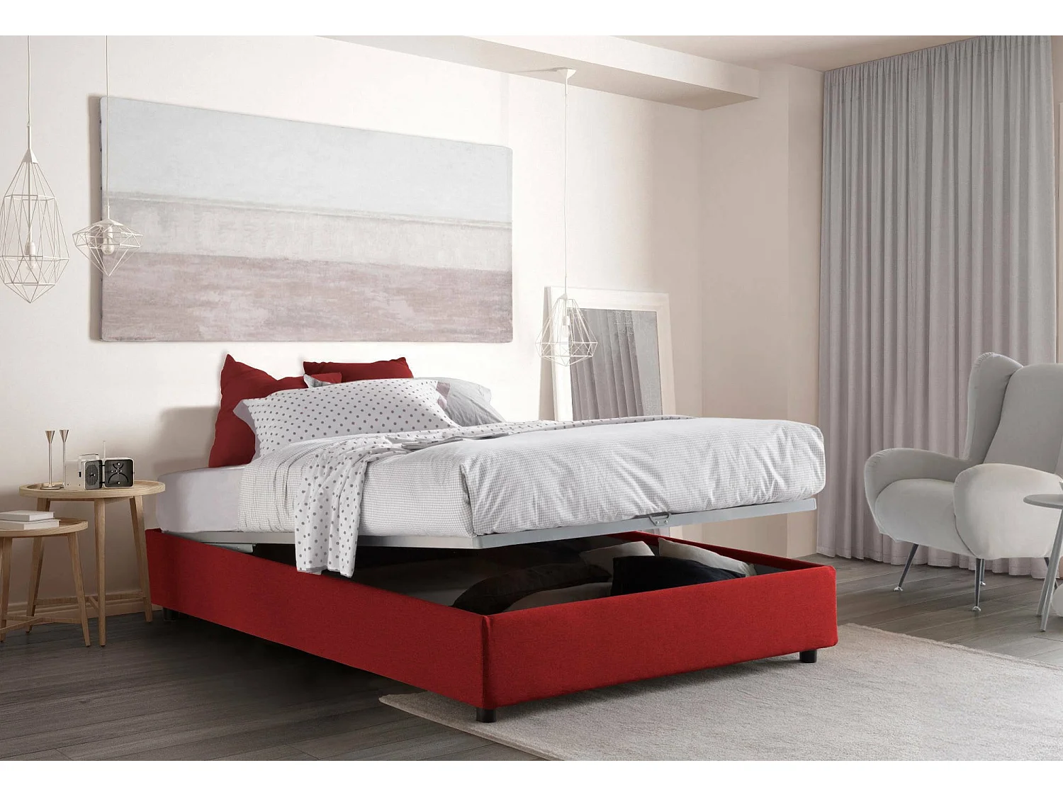 Dcacac tweepersoonsbed, Opbergbed met stoffen bekleding, 100% Made in Italy, Opening aan de voorkant, inclusief matras 160x190 cm, Rood