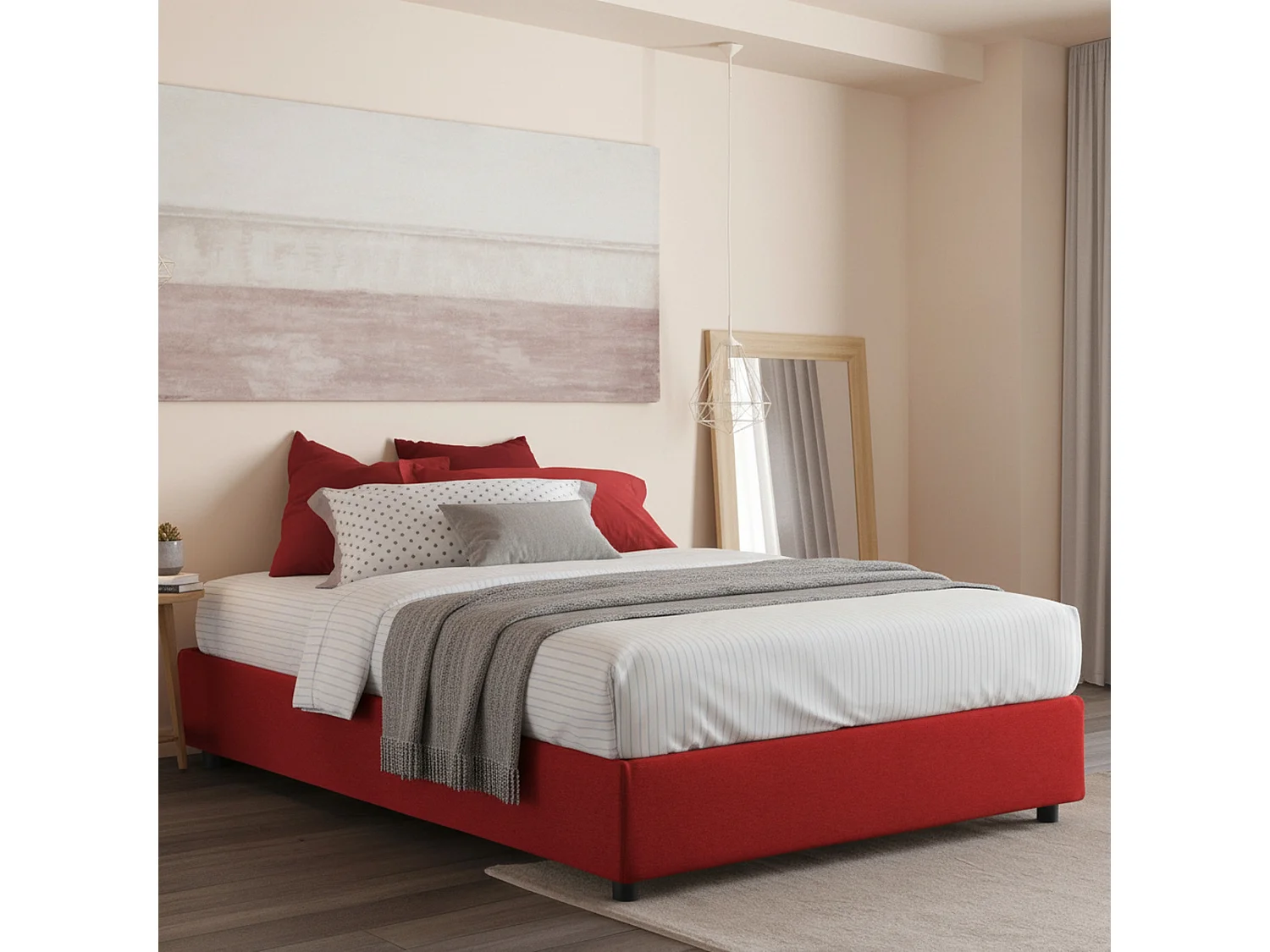 Lit double Dcacac, Lit coffre avec revêtement en tissu, 100% Made in Italy, Ouverture frontale, avec matelas 160x190 cm inclus, Rouge