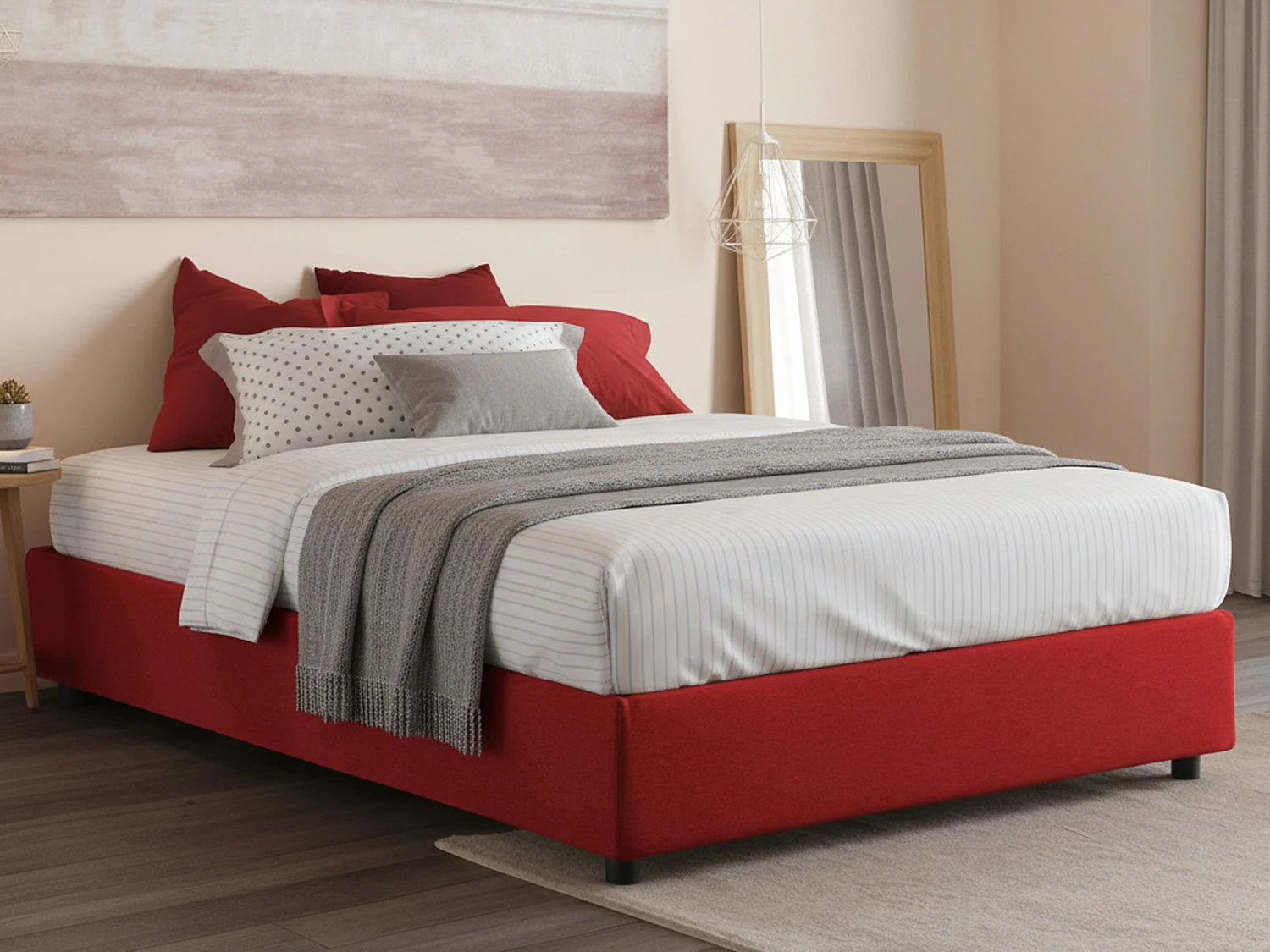 Lit double Dcacac, Lit coffre avec revêtement en tissu, 100% Made in Italy, Ouverture frontale, avec matelas 160x190 cm inclus, Rouge