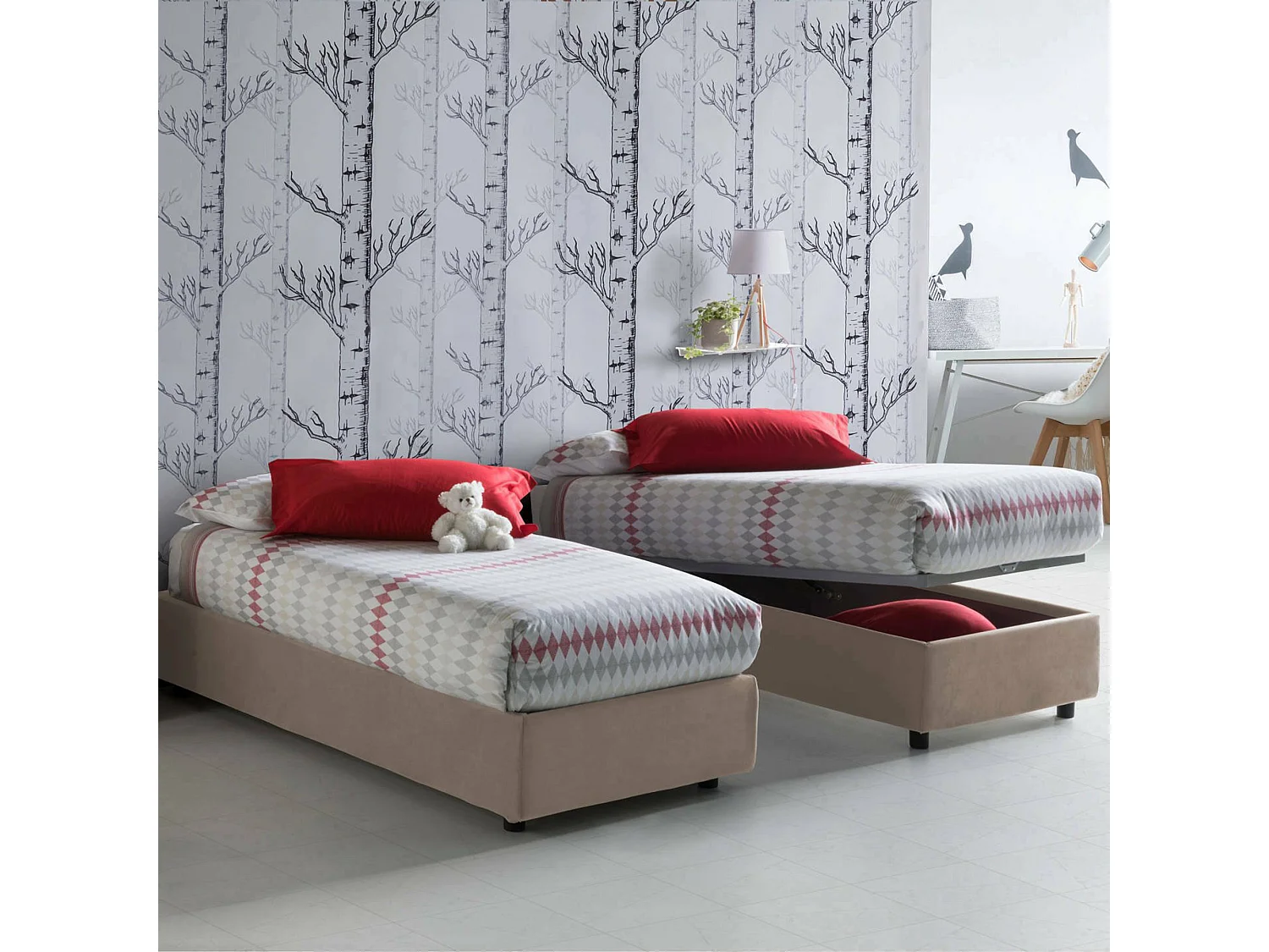 Cama individual Dacerb, Cama contenedor con revestimiento de tela, 100% Made in Italy, Apertura frontal, adecuado para colchón Cm 80x190, Tórtola