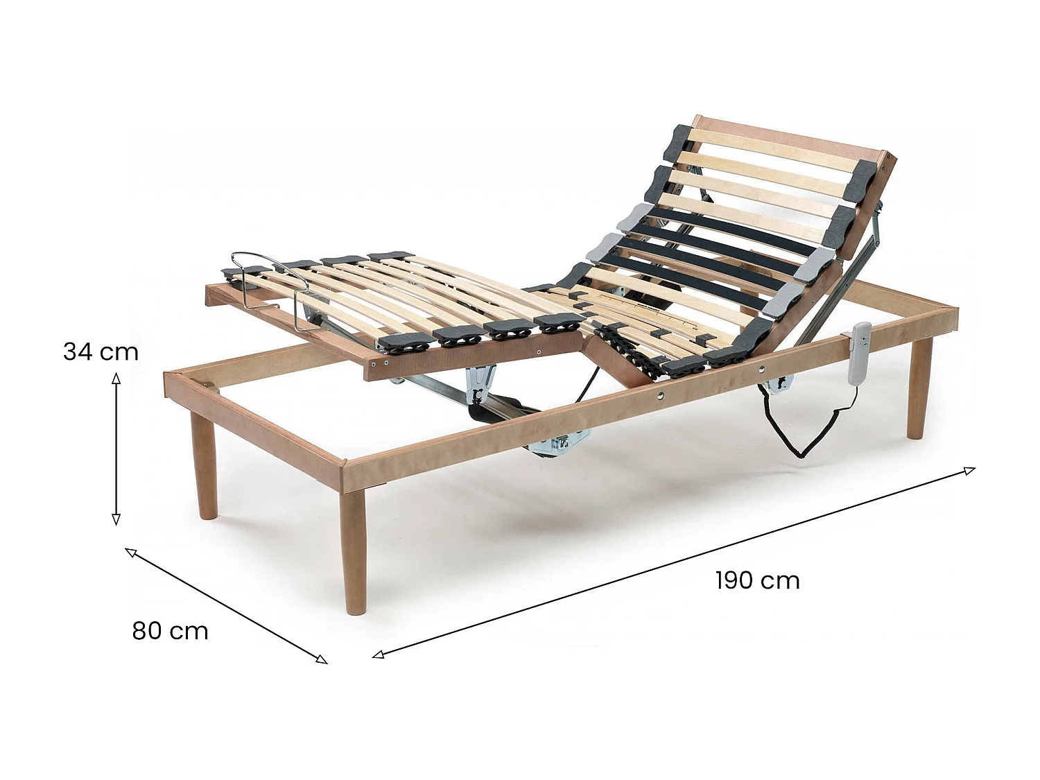 Dbuz eenpersoonsbedbodem, houten lattenbodem met motor, 100% Made in Italy, gemotoriseerde verstelbare orthopedische basis, 80x190h 34 cm