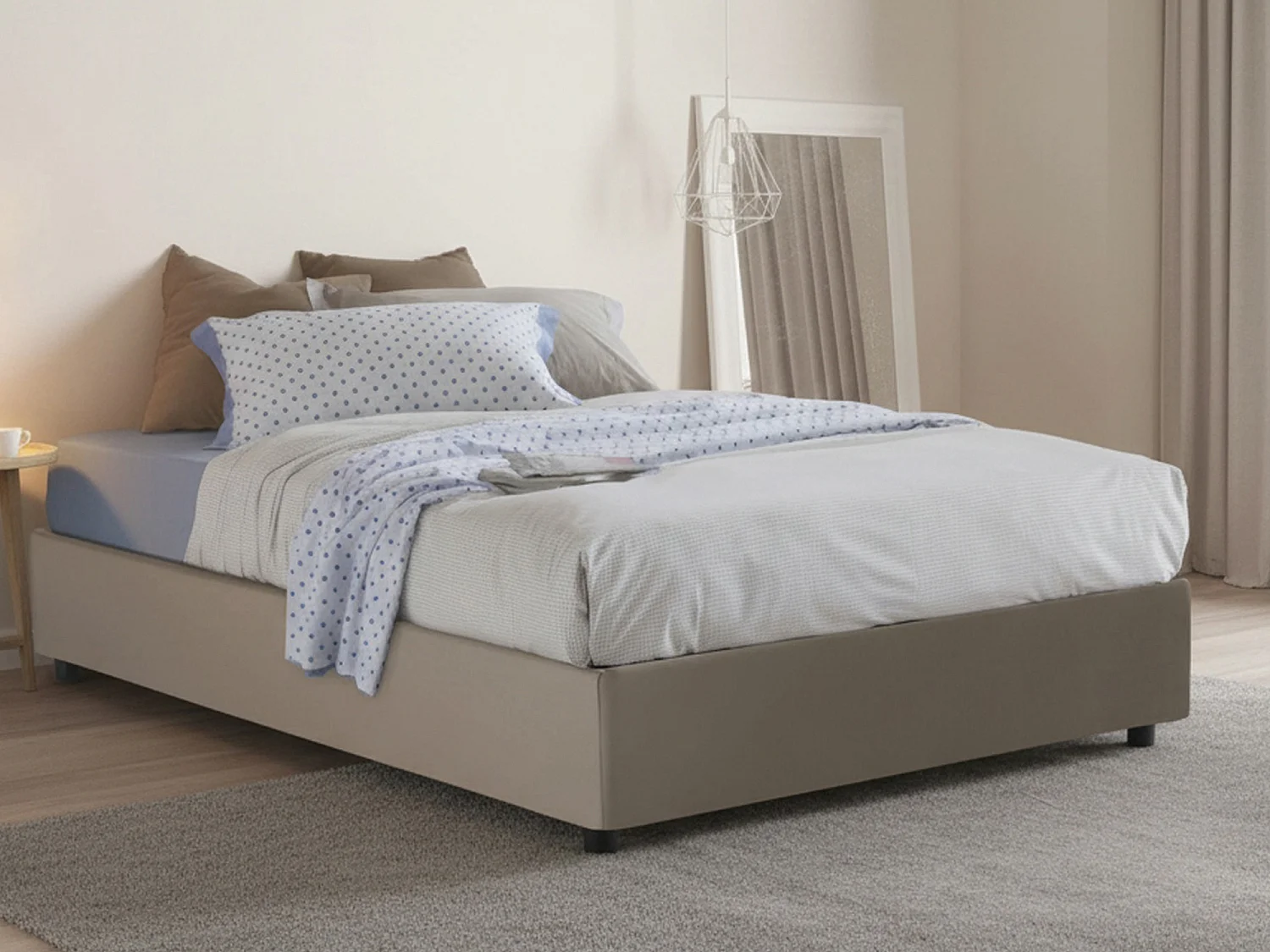 Lit double Dmasin, Lit coffre avec revêtement en éco-cuir, 100% Made in Italy, Ouverture frontale, avec matelas 120x200 cm inclus, Taupe