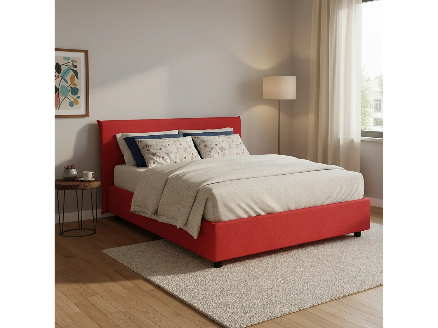 Lit double Dahmeta, Lit coffre avec revêtement en tissu, 100% Made in Italy, Ouverture frontale, avec matelas 140x190 cm inclus, Rouge