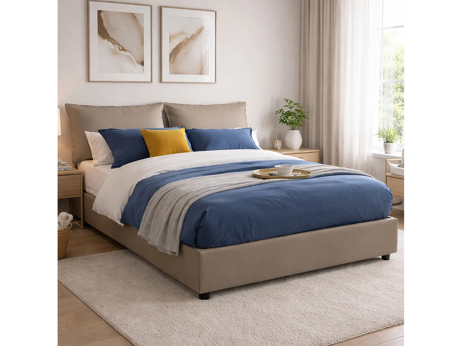 Lit double Dikone, Lit coffre avec revêtement en éco-cuir, 100% Made in Italy, Ouverture frontale, avec matelas 140x190 cm inclus, Taupe