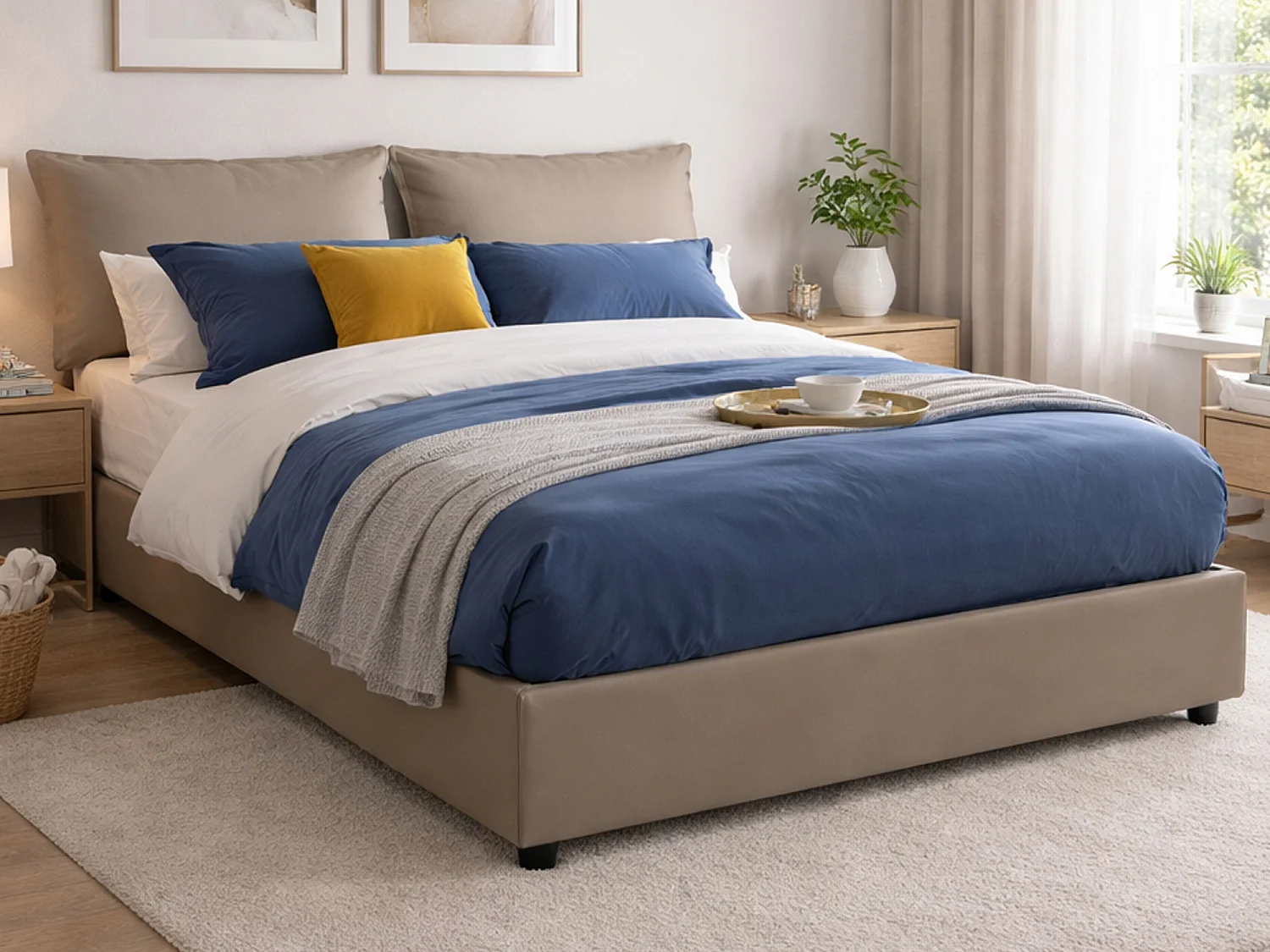 Lit double Dikone, Lit coffre avec revêtement en éco-cuir, 100% Made in Italy, Ouverture frontale, avec matelas 140x190 cm inclus, Taupe