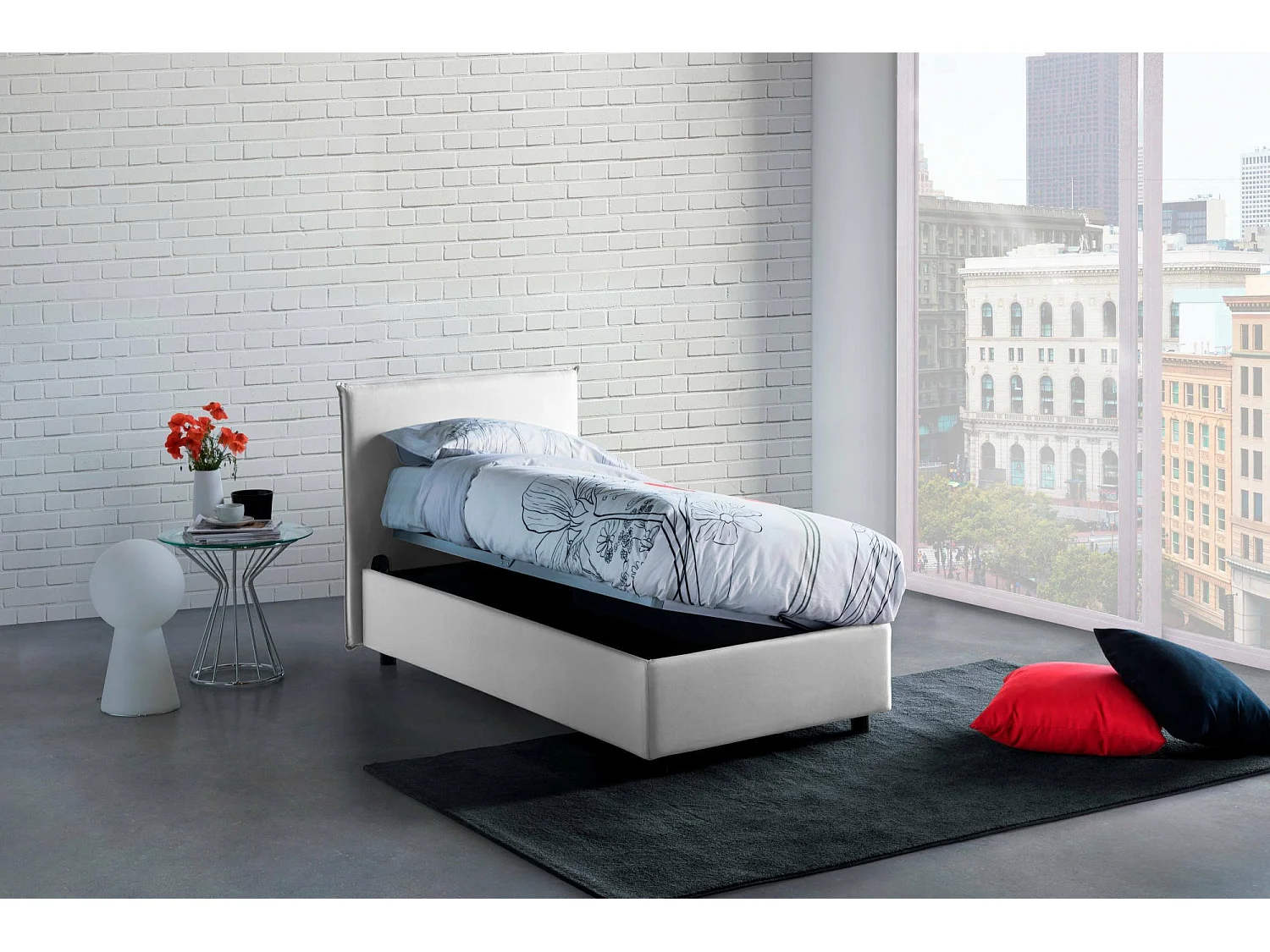 Lit simple Darut, Lit coffre avec revêtement en tissu, 100% Made in Italy, Ouverture latérale, adapté pour matelas 80x190 cm, Blanc