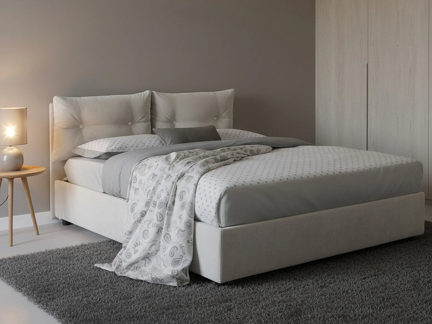 Djankt tweepersoonsbed, opbergbed met stoffen bekleding, 100% Made in Italy, opening aan de voorkant, geschikt voor matras 120x190 cm, wit