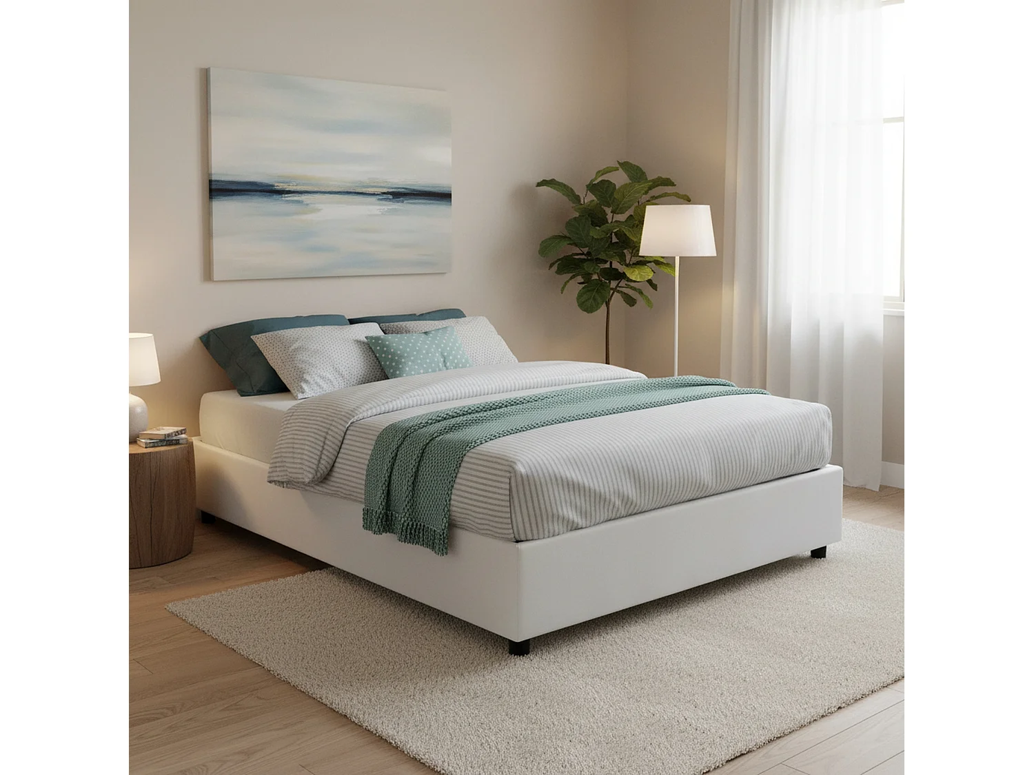 Lit double Chloé, Lit coffre avec revêtement en tissu, 100% Made in Italy, Ouverture frontale, adapté pour matelas 140x200 cm, Blanc