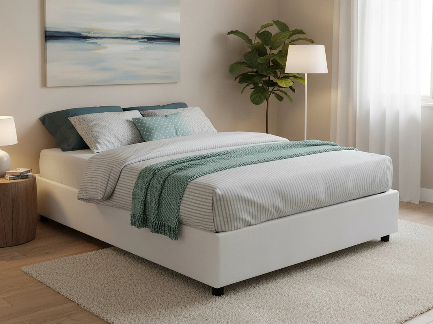 Lit double Chloé, Lit coffre avec revêtement en tissu, 100% Made in Italy, Ouverture frontale, adapté pour matelas 140x200 cm, Blanc