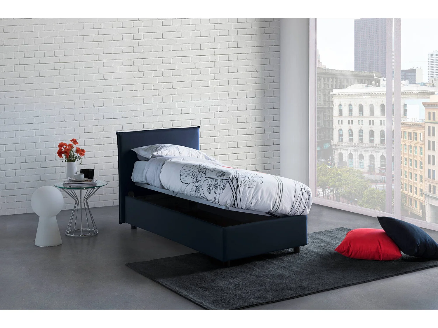 Cama de solteiro Darut, Cama de armazenamento com forro de tecido, 100% Fabricado na Itália, Abertura lateral, adequada para colchão 80x190 cm, Azul