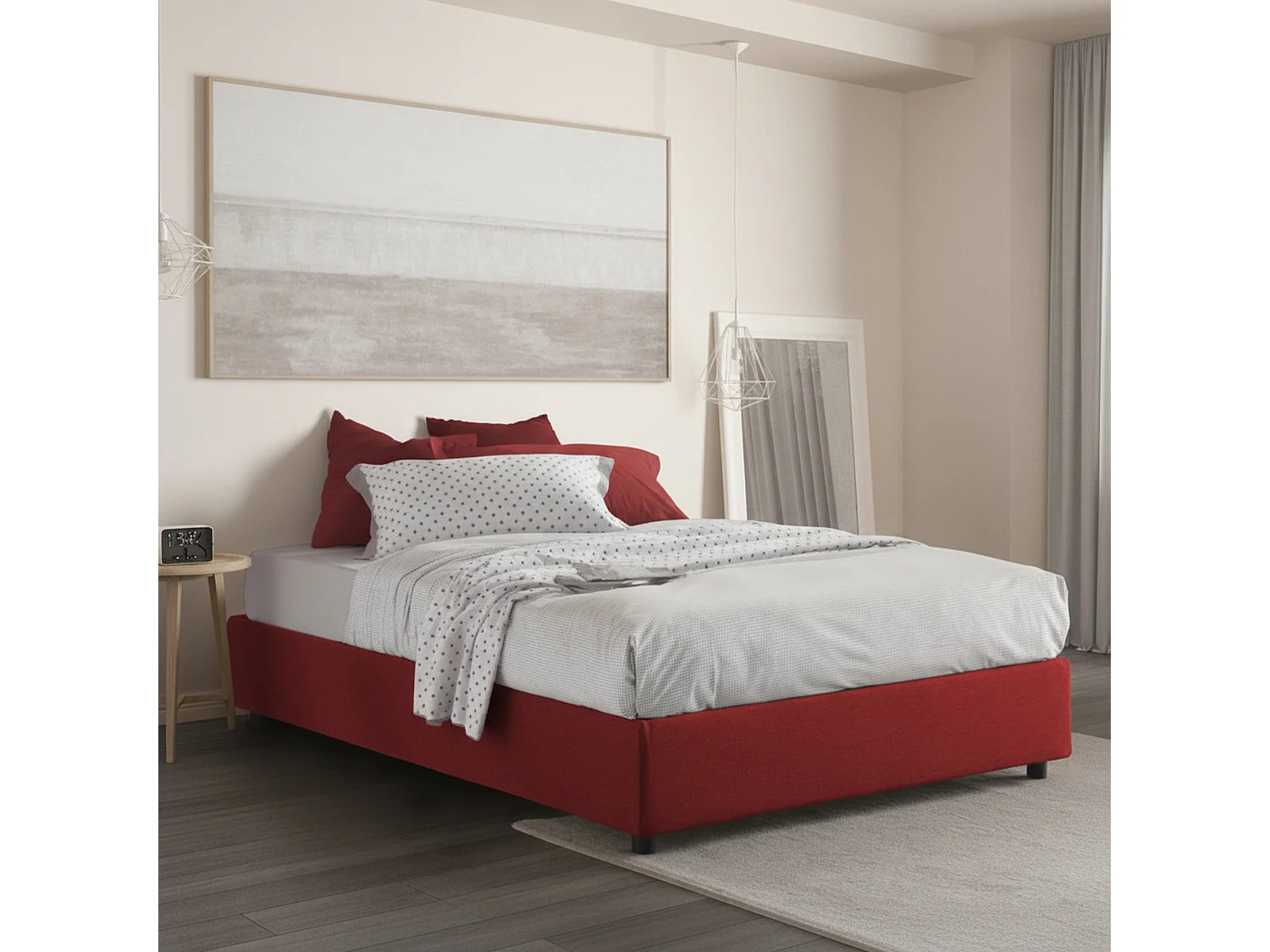 Lit double Chloé, Lit coffre avec revêtement en tissu, 100% Made in Italy, Ouverture frontale, adapté pour matelas 140x200 cm, Rouge