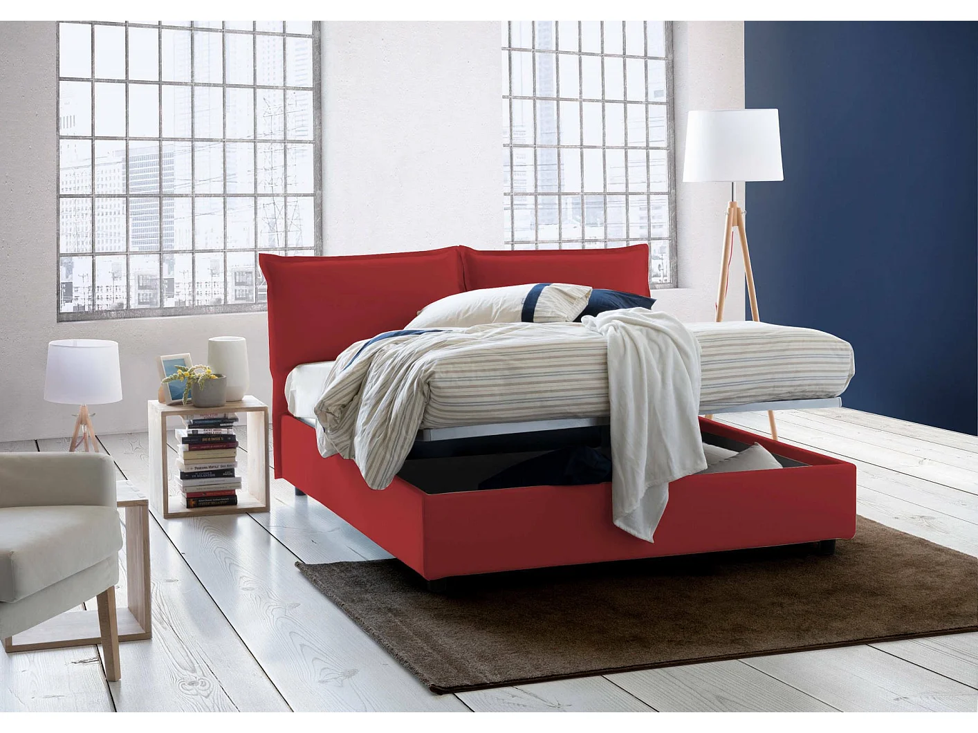Dmelott tweepersoonsbed, Opbergbed met stoffen bekleding, 100% Made in Italy, Opening aan de voorkant, inclusief matras 140x190 cm, Rood