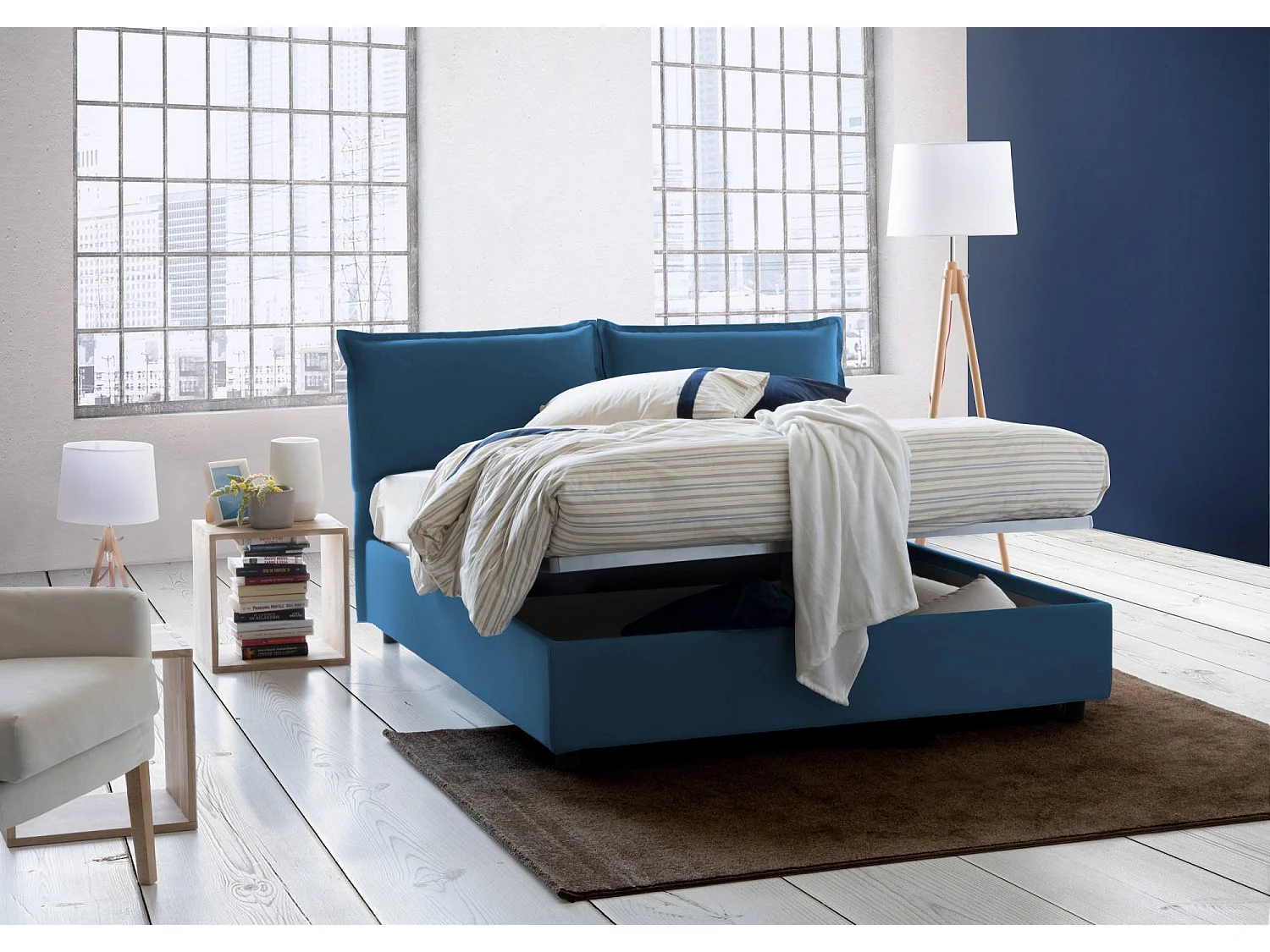 Lit double Dcarrar, Lit coffre avec revêtement en tissu, 100% Made in Italy, Ouverture frontale, avec matelas 160x190 cm inclus, Bleu