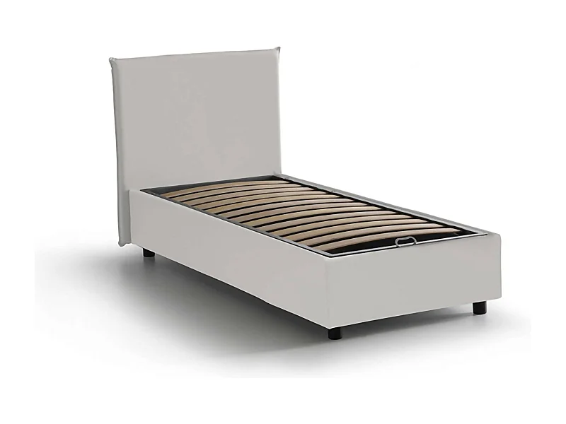 Dbaros eenpersoonsbed, Opbergbed met eco-lederen bekleding, 100% Made in Italy, Opening aan de voorkant, geschikt voor matras van 90x200 cm, Wit