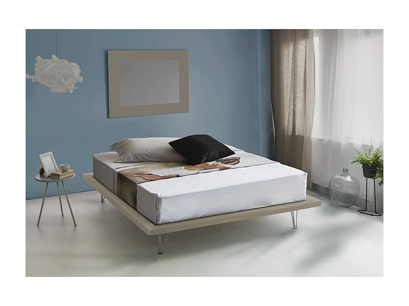 Lit double Dgaviol, Lit fixe en tissu avec pieds, 100% Made in Italy, adapté pour matelas 160x200 cm, Beige