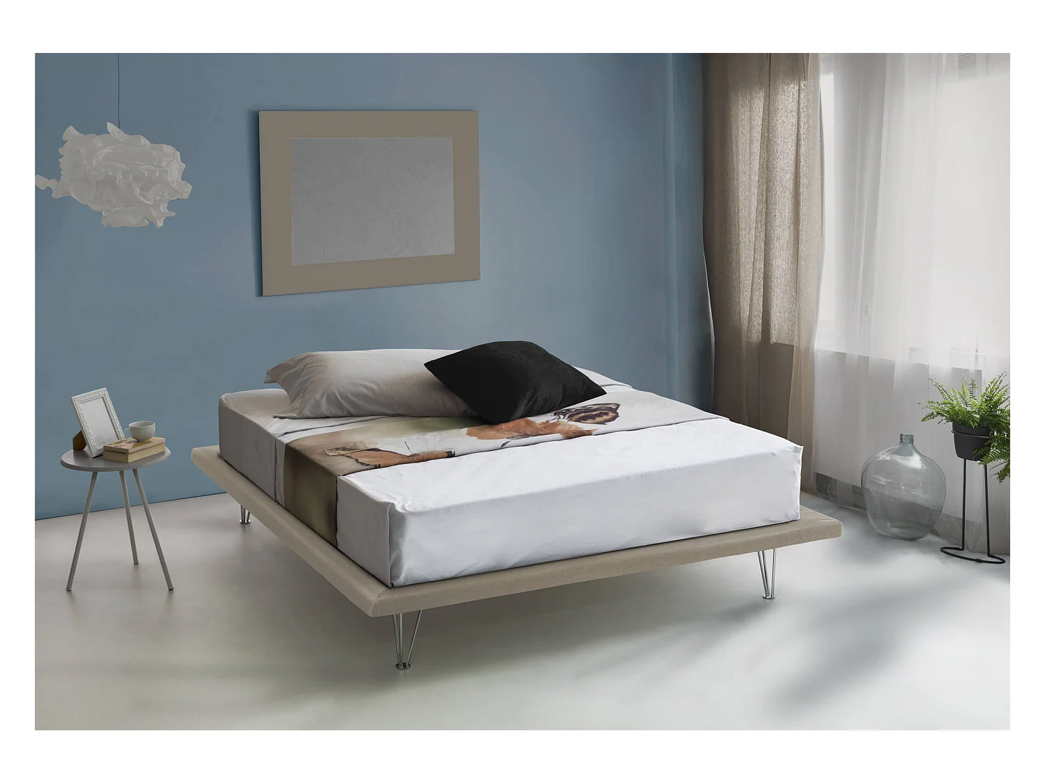 Doppelbett Dgaviol, Festes Bett aus Stoff mit FüÃŸen, 100% Made in Italy, passend für Matratze Cm 160x200, Beige