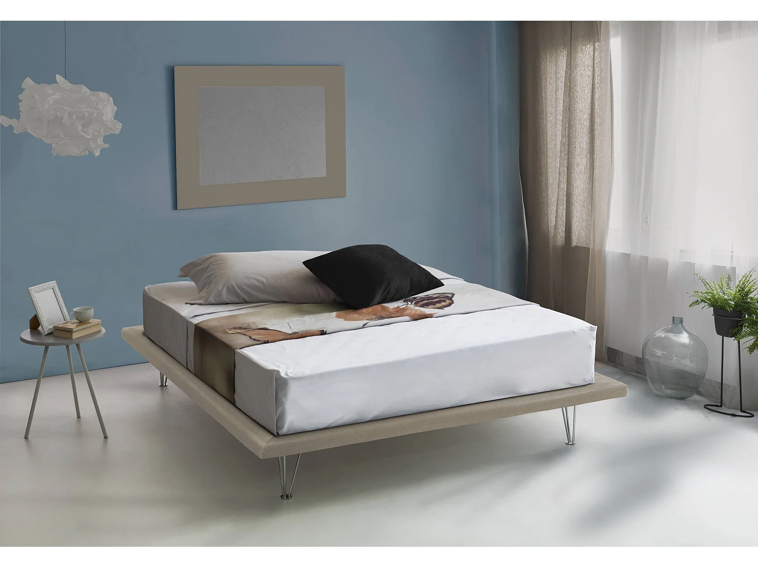 Cama matrimonial Dgaviol, Cama fija en tela con pies, 100% Made in Italy, adecuado para colchón Cm 160x200, Beige