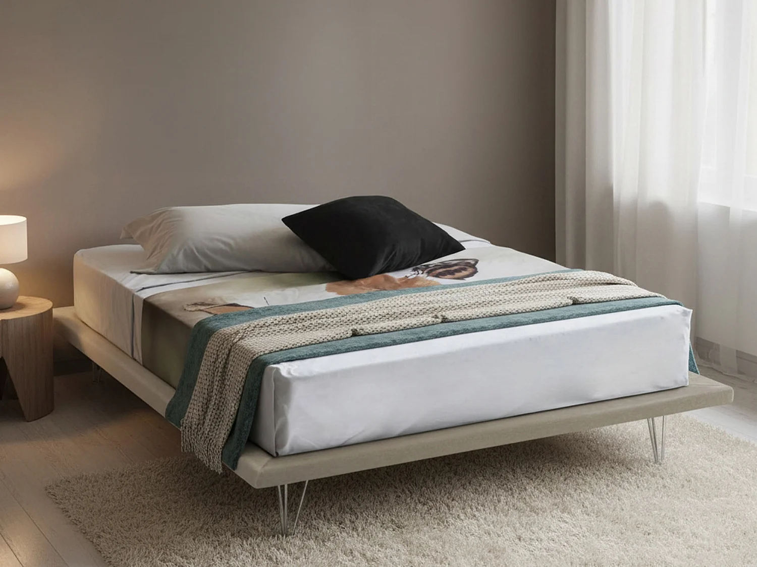 Cama matrimonial Dgaviol, Cama fija en tela con pies, 100% Made in Italy, adecuado para colchón Cm 160x200, Beige