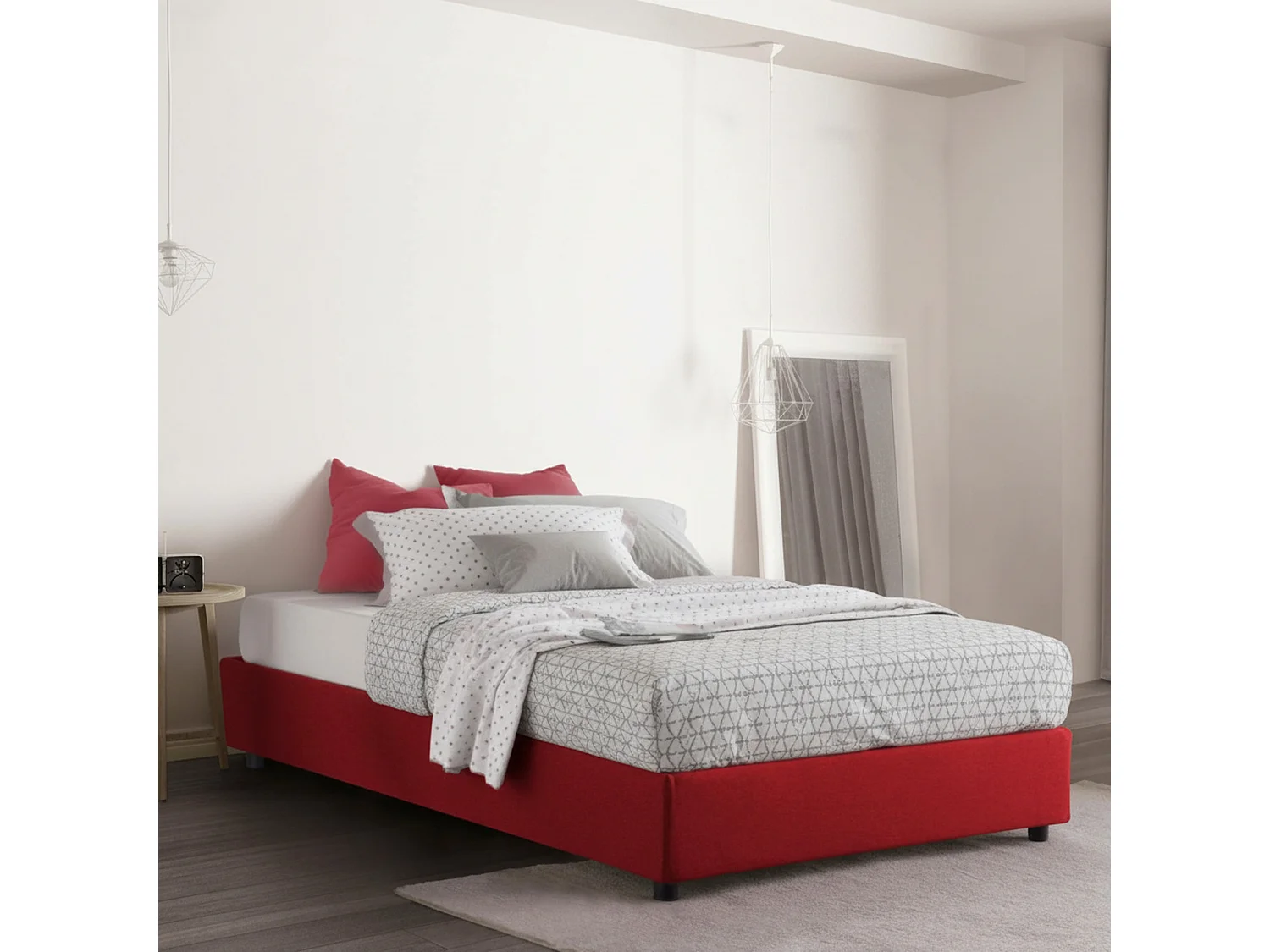 Lit double Ddibar, Lit coffre avec revêtement en tissu, 100% Made in Italy, Ouverture latérale, avec matelas 120x190 cm inclus, Rouge