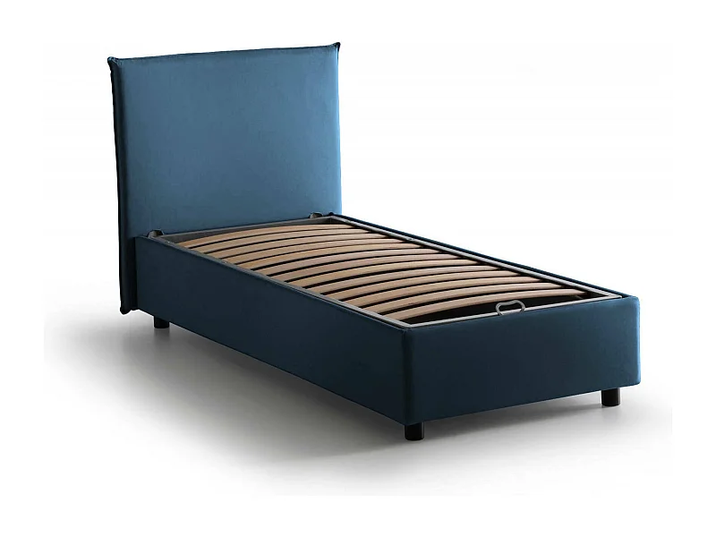 Lit simple Dbaldo, Lit coffre avec revêtement en tissu, 100% Made in Italy, Ouverture frontale, adapté pour matelas 90x190 cm, Bleu
