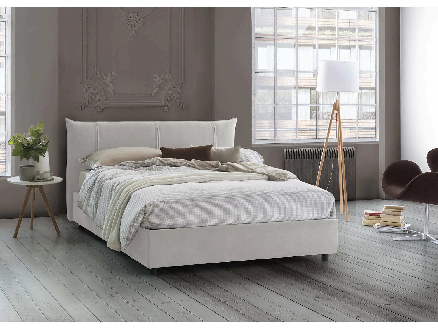 Lit double Dfecci, Lit coffre avec revêtement en tissu, 100% Made in Italy, Ouverture frontale, avec matelas 160x200 cm inclus, Blanc