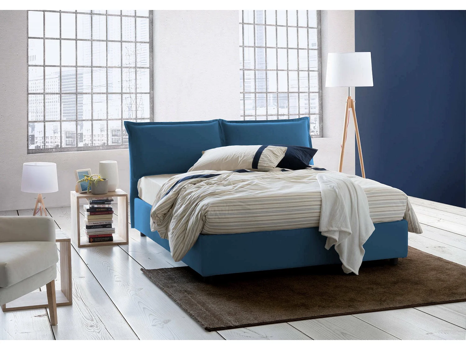Lit double Dmelott, Lit coffre avec revêtement en tissu, 100% Made in Italy, Ouverture frontale, avec matelas 140x190 cm inclus, Bleu