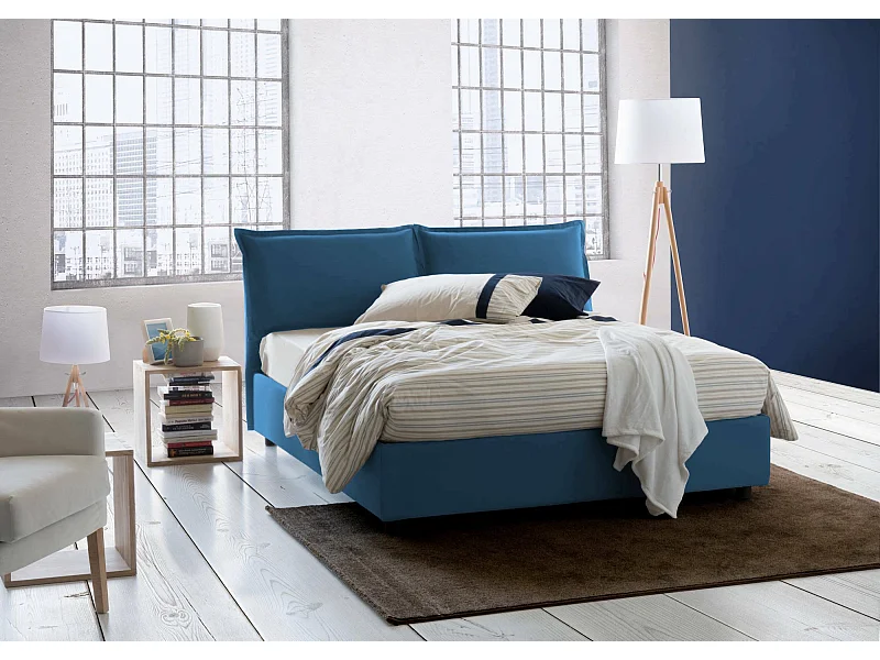 Lit double Dmelott, Lit coffre avec revêtement en tissu, 100% Made in Italy, Ouverture frontale, avec matelas 140x190 cm inclus, Bleu