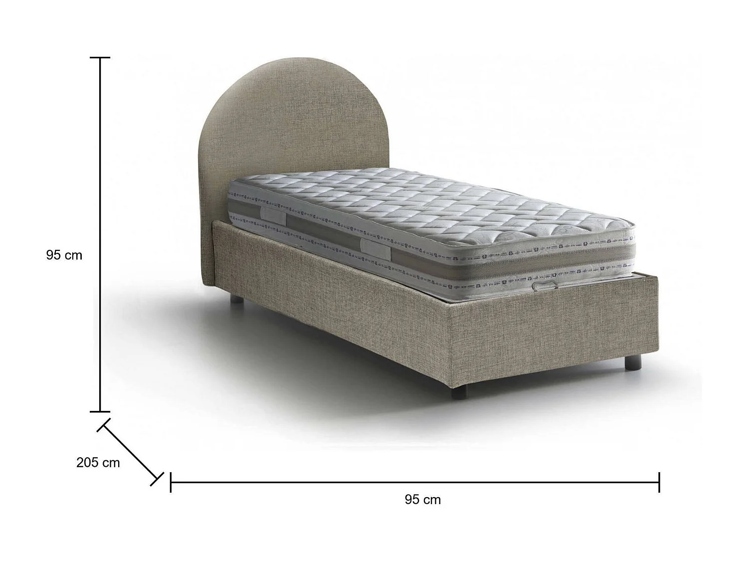 Cama de solteiro Dcolpan, Cama de armazenamento com forro de tecido, 100% Fabricado na Itália, Abertura frontal, com colchão 80x190 cm incluído, Taupe