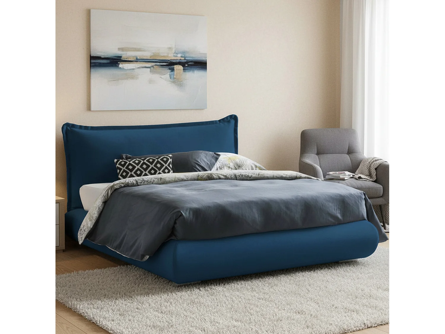 Lit double Dfecci, Lit coffre avec revêtement et tête de lit en tissu, 100% Made in Italy, Ouverture frontale, adapté pour matelas 160x190 cm, Bleu