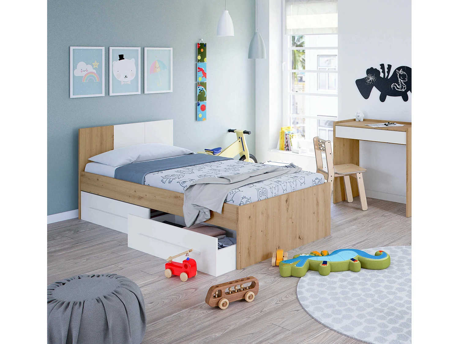 Dabau eenpersoonsbed, 1-persoons containerbed met hoofdeinde, Bedframe met 2 lades voor slaapkamer, 196x97h77 cm, Geknoopt eiken en wit