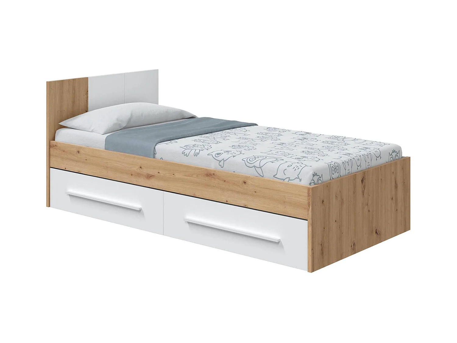 Einzelbett Dabau, Einzelcontainerbett mit Kopfteil, Bettrahmen mit 2 Schubladen für Schlafzimmer, 196x97h77 cm, Geknotete Eiche und WeiÃŸ