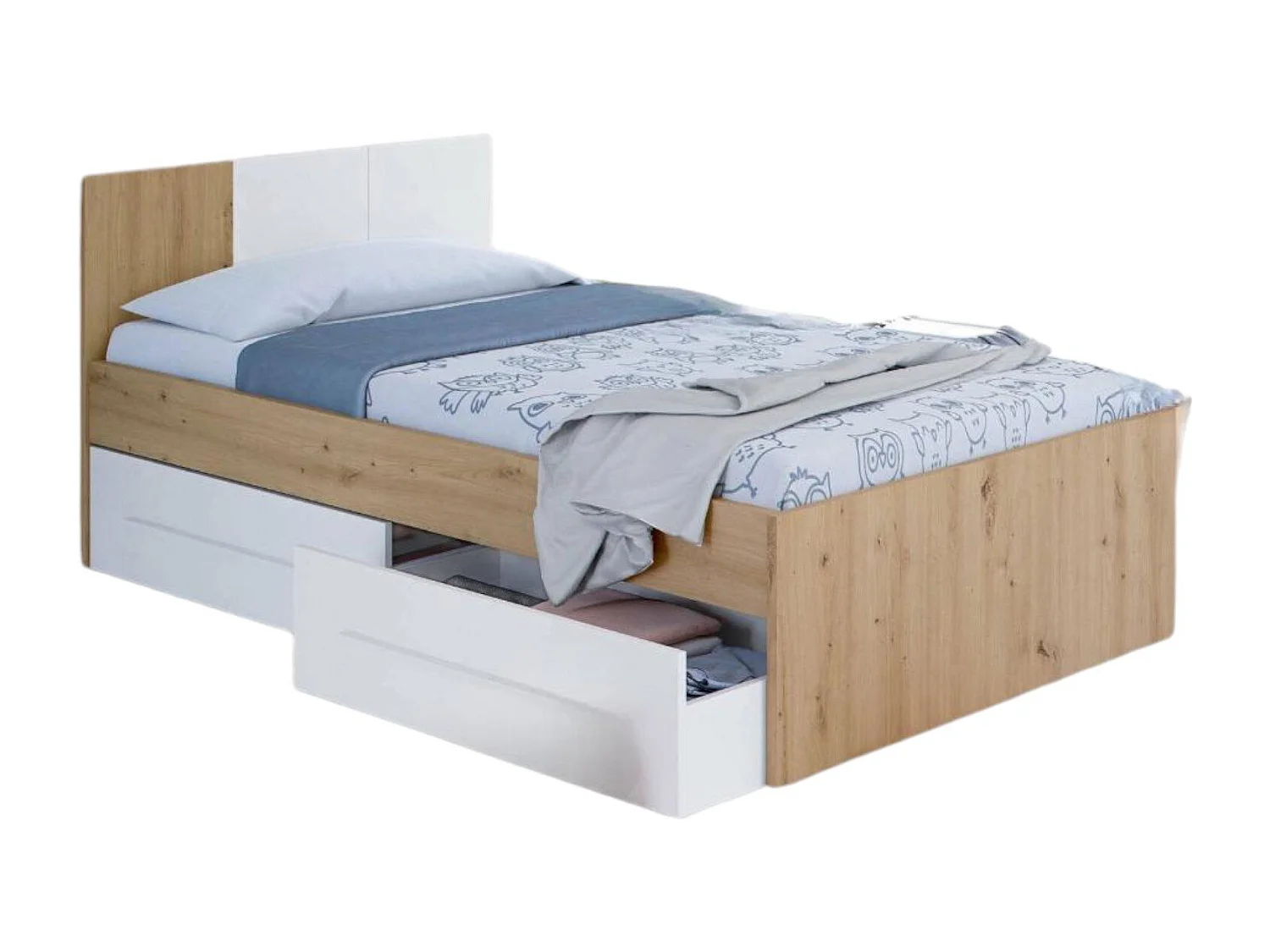 Einzelbett Dabau, Einzelcontainerbett mit Kopfteil, Bettrahmen mit 2 Schubladen für Schlafzimmer, 196x97h77 cm, Geknotete Eiche und WeiÃŸ