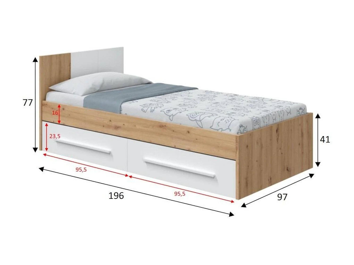 Lit simple Dabau, Lit coffre simple avec tête de lit, Cadre de lit avec 2 tiroirs pour chambre, 196x97h77 cm, Chêne noué et Blanc