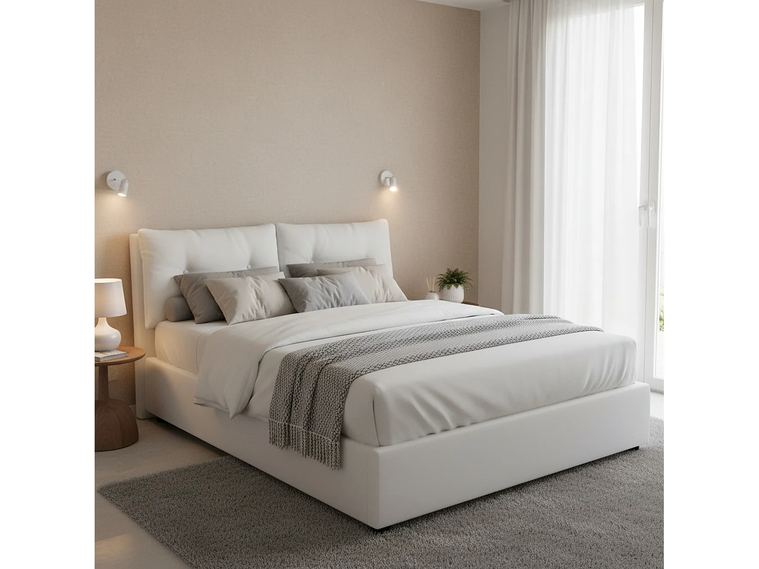 Lit double Dmorin, Lit coffre avec revêtement en éco-cuir, 100% Made in Italy, Ouverture frontale, avec matelas 160x190 cm inclus, Blanc