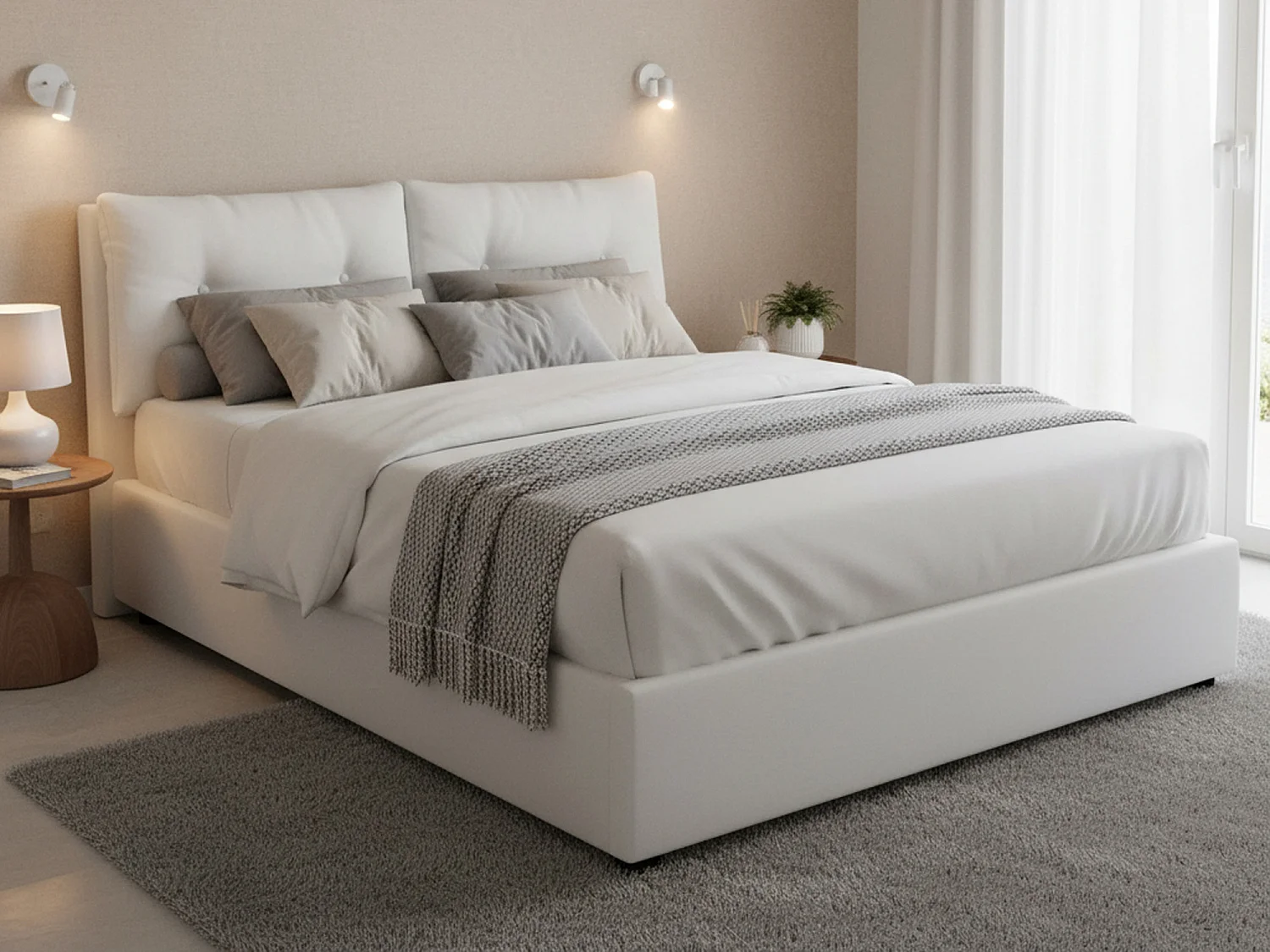 Lit double Dmorin, Lit coffre avec revêtement en éco-cuir, 100% Made in Italy, Ouverture frontale, avec matelas 160x190 cm inclus, Blanc