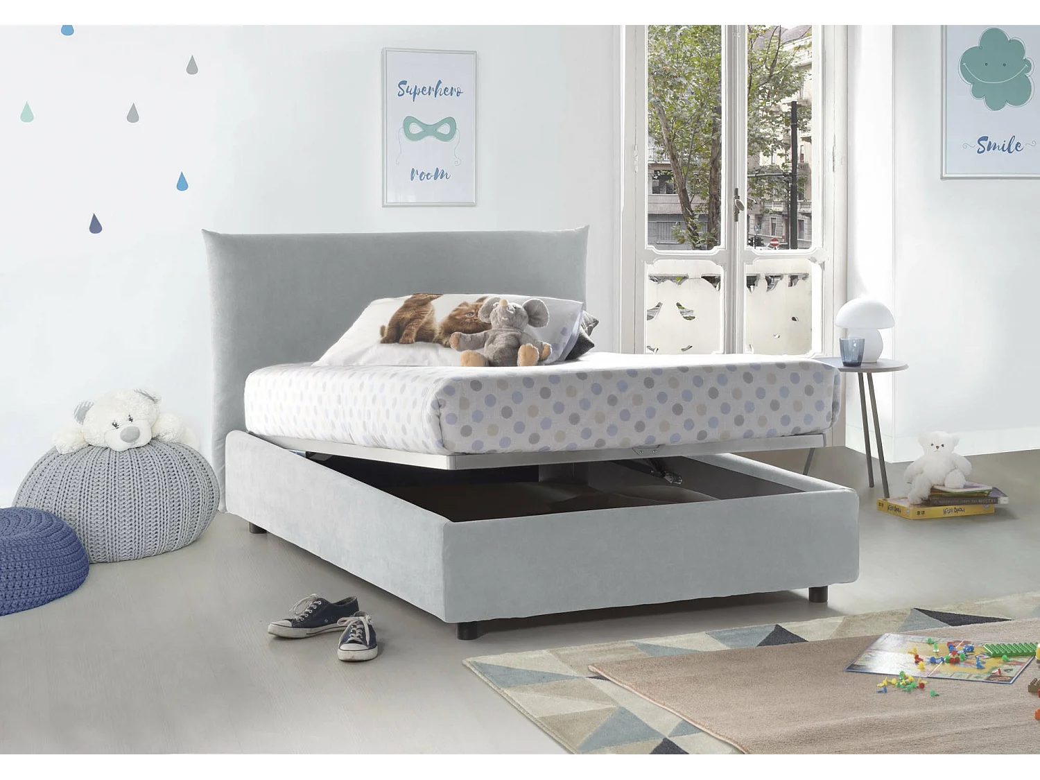 Lit double Dbranc, lit coffre avec revêtement en tissu, 100% Made in Italy, ouverture frontale, avec matelas 120x190 cm inclus, Blanc