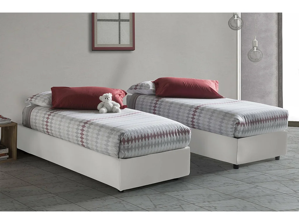 Lit simple Dzovk, Lit coffre avec revêtement en éco-cuir, 100% Made in Italy, Ouverture frontale, avec matelas 90x200 cm inclus, Blanc