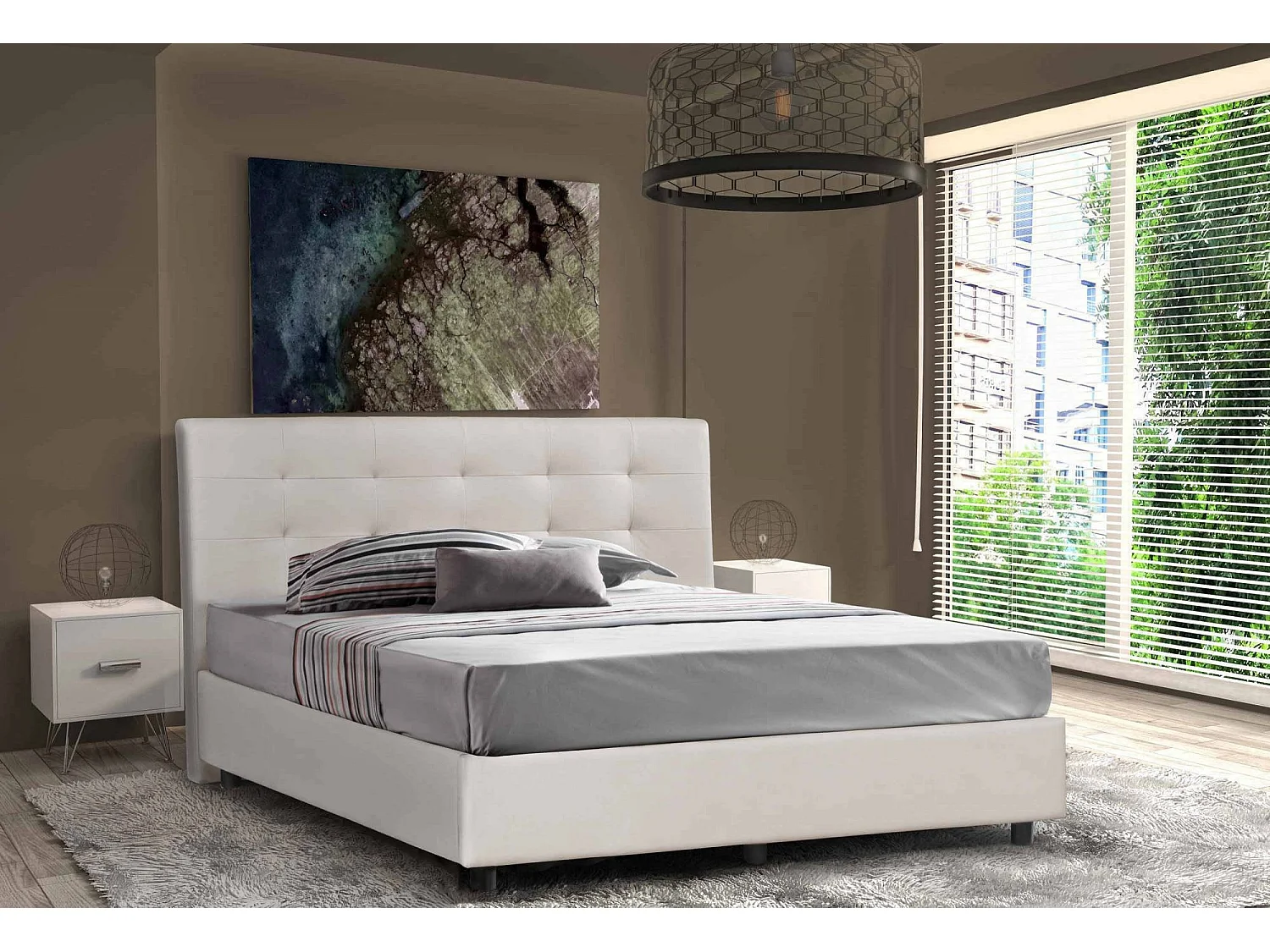 Cama de casal Dnannin, Cama de armazenamento e cabeceira em couro ecológico, 100% Fabricado na Itália, Abertura frontal, adequada para colchão 160x190 cm, Branco