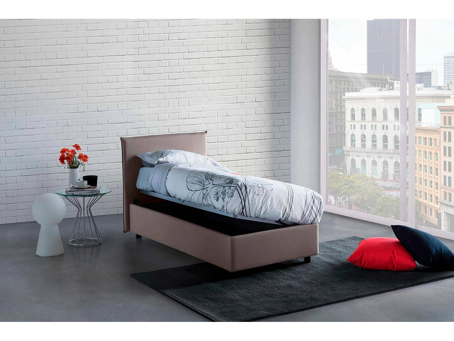 Cama de solteiro Daugell, Cama de armazenamento com forro de tecido, 100% Fabricado na Itália, Abertura lateral, com colchão 80x190 cm incluído, Taupe