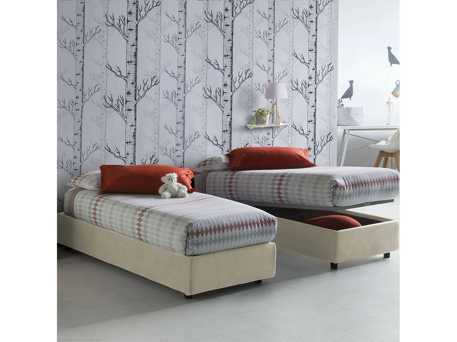 Lit simple Dmorier, Lit coffre avec revêtement en tissu, 100% Made in Italy, Ouverture frontale, avec matelas 90x200 cm inclus, Beige