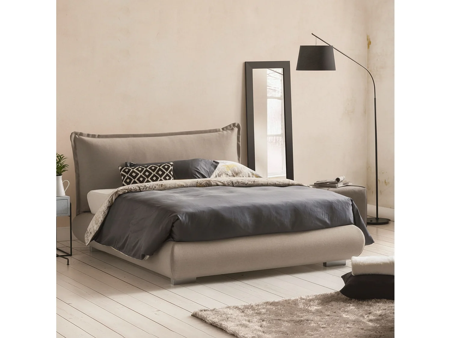 Lit double Dfecci, Lit coffre avec revêtement et tête de lit en tissu, 100% Made in Italy, Ouverture frontale, adapté pour matelas 160x190 cm, Gris