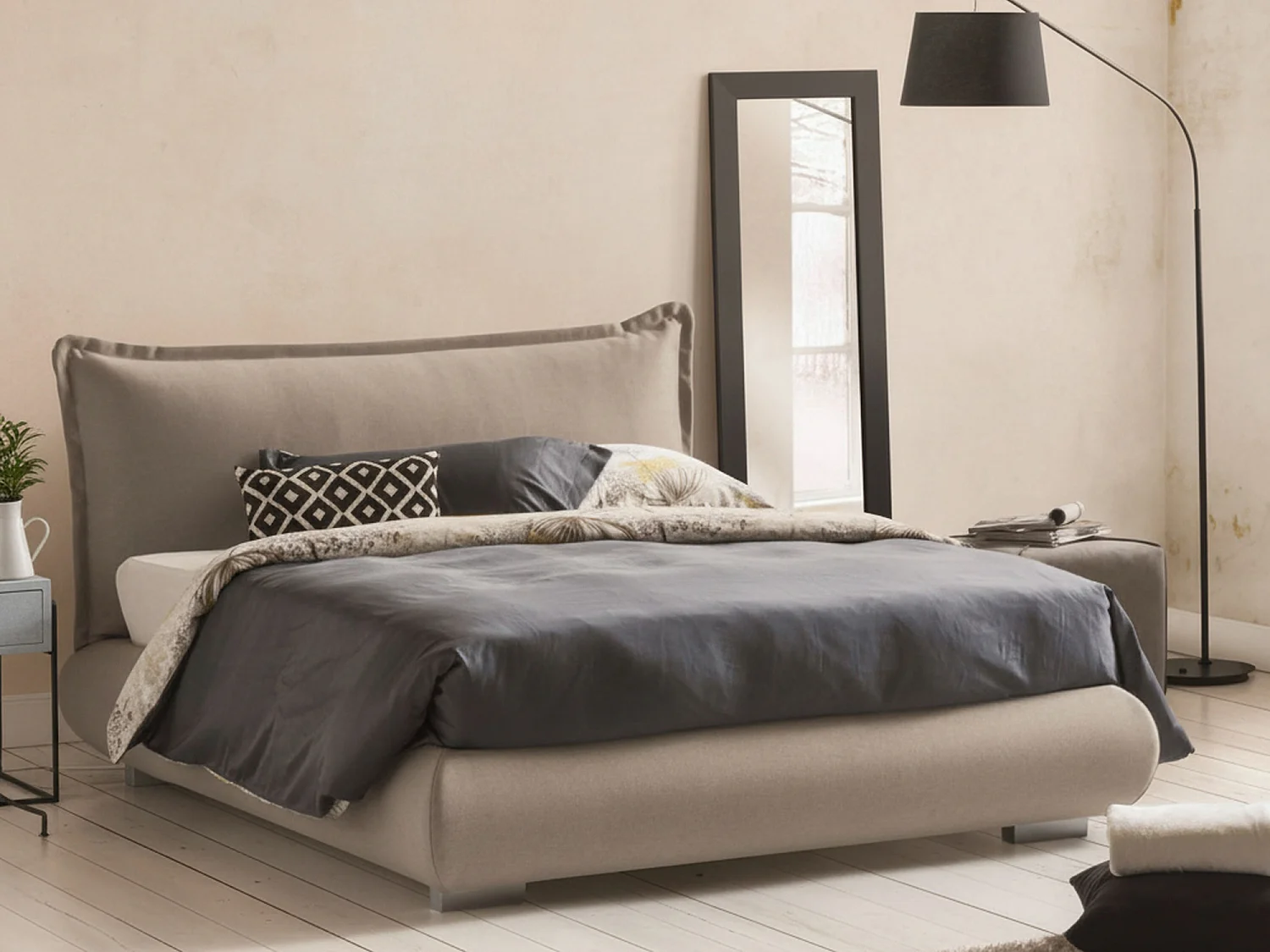 Lit double Dfecci, Lit coffre avec revêtement et tête de lit en tissu, 100% Made in Italy, Ouverture frontale, adapté pour matelas 160x190 cm, Gris